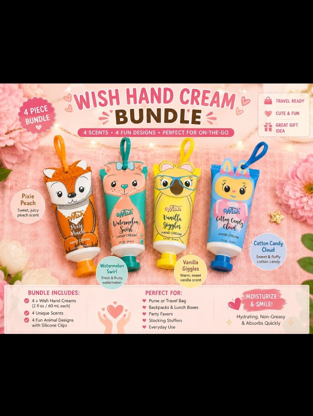 Wish Hand Cream Set - Orange, Green, Yellow & Blue Animal Designs